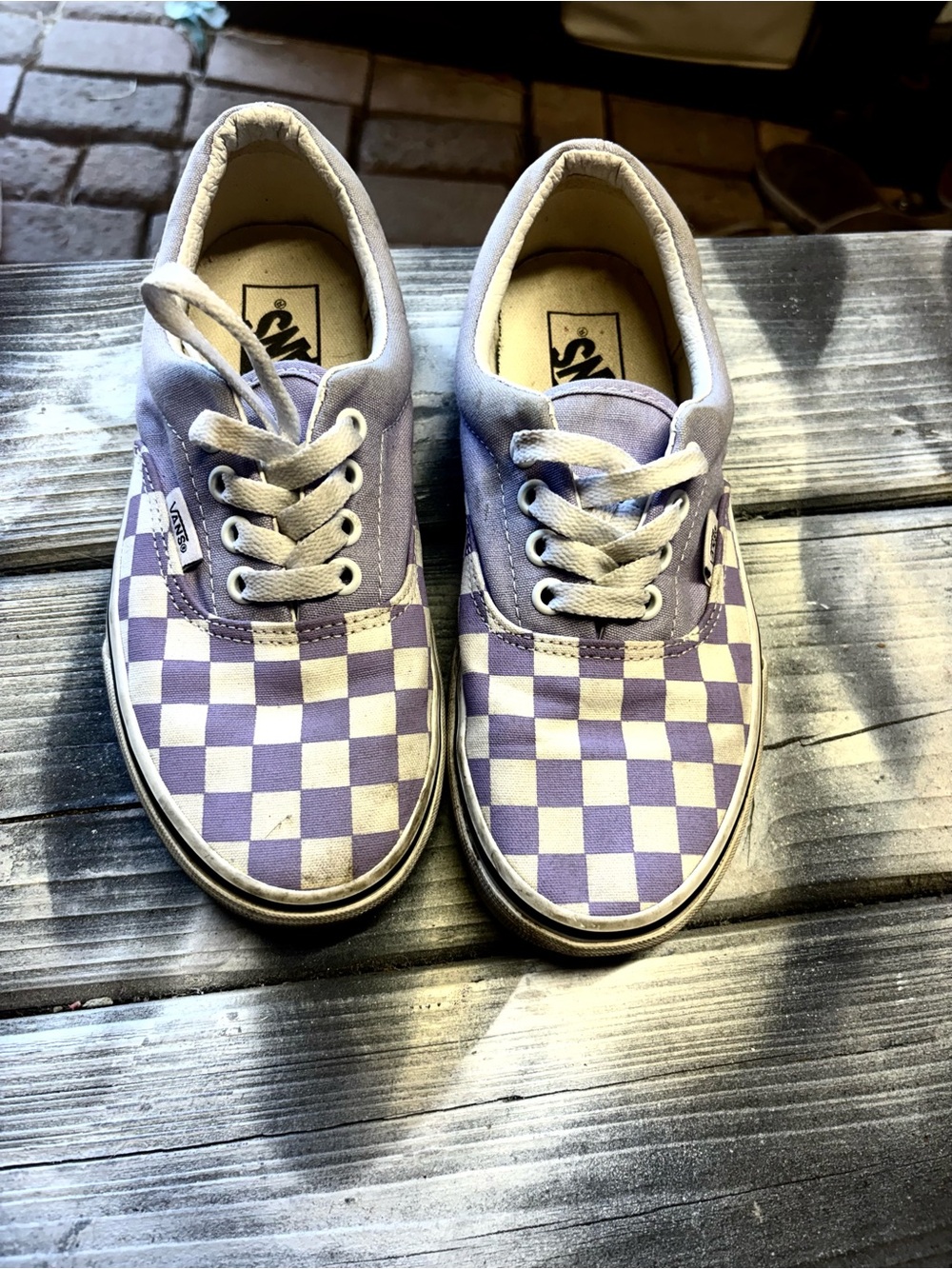 Vans Era 59 white and purple checkerboard sneakers womens 6